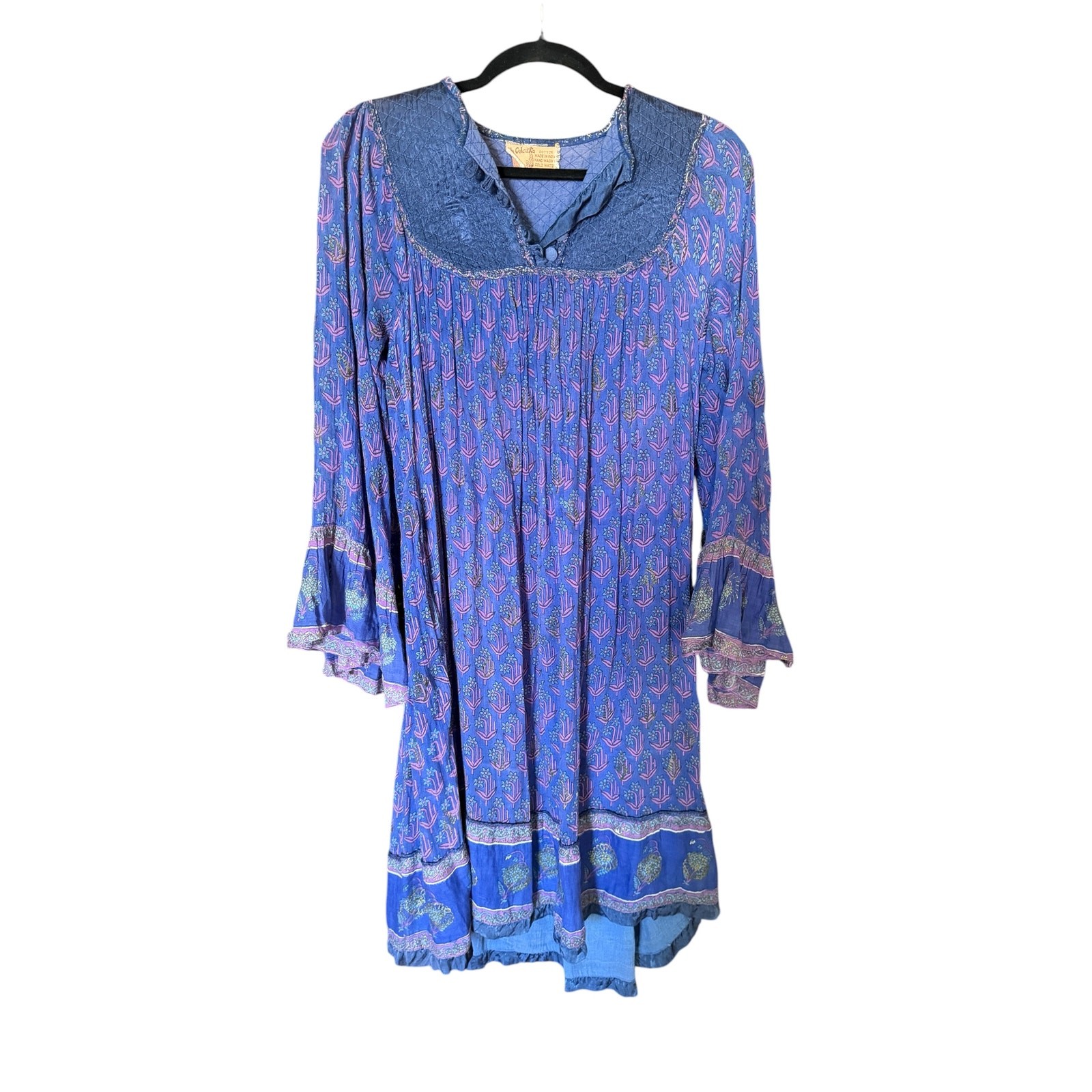 Vintage 60s 70s OH CALCUTTA India Cotton Gauze block print angel sleeve dress