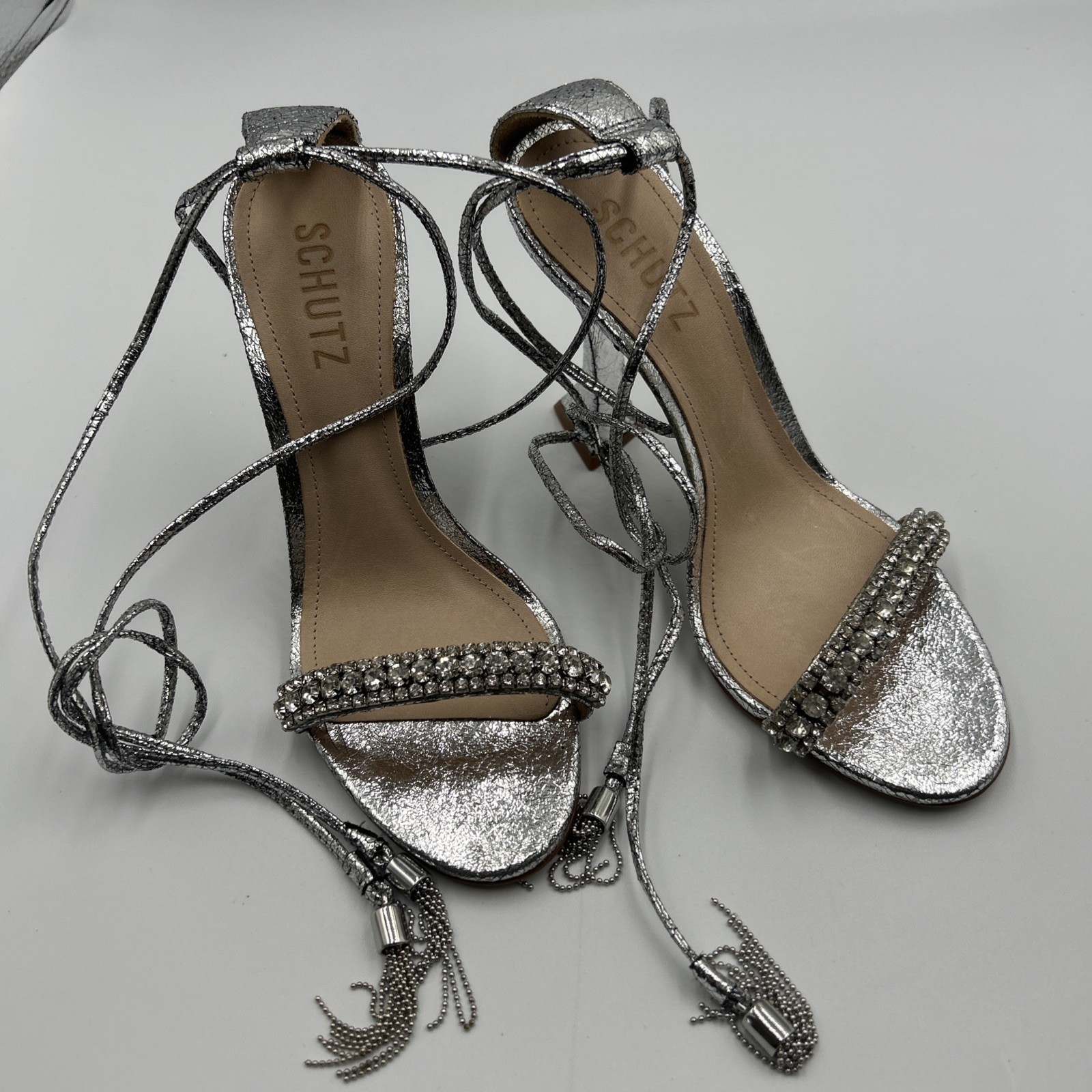 SCHUTZ Bellin Heels Womens 6.5 Silver Metallic Jeweled Ankle Wrap Strappy Sandal