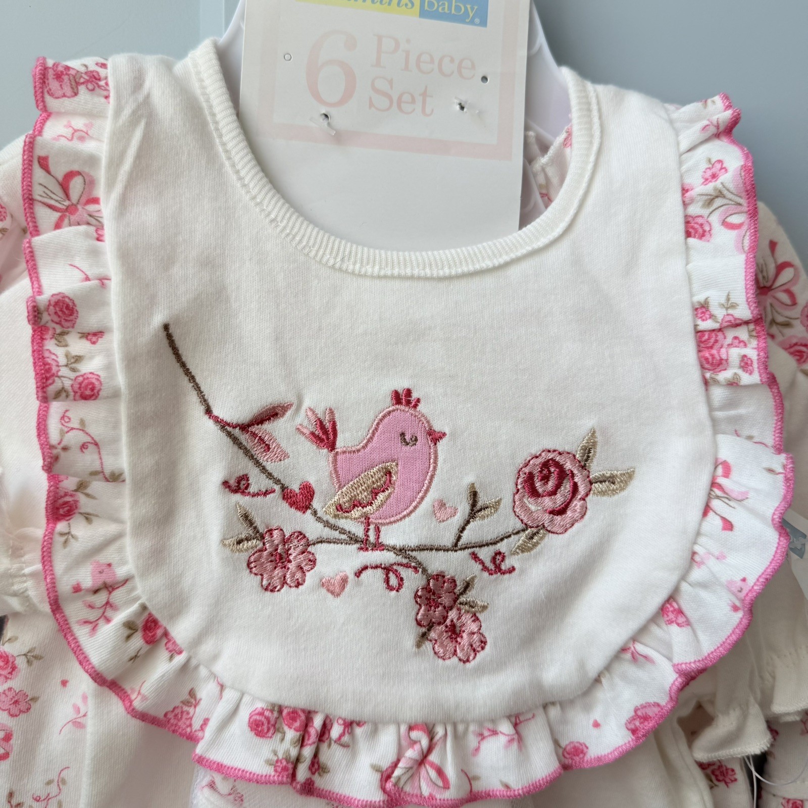 NWT Vitamins Baby Girls Pink Flower Bird 6pc Coverall Pants Bodysuit Bib 0-3M