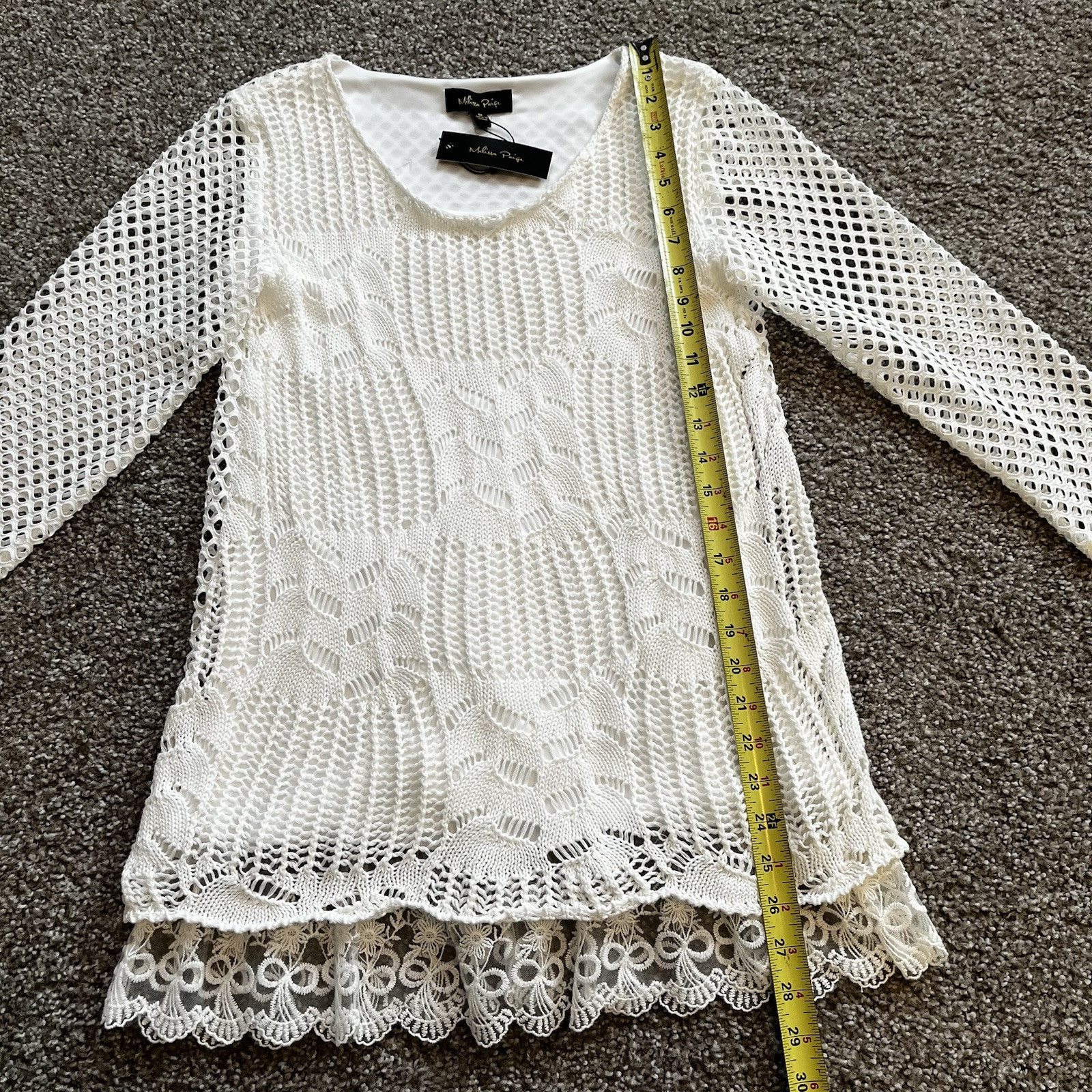 Crochet Lace Ruffle Top M White Cottagecore Lagenlook Boho Feminine 3/4 Sleeve