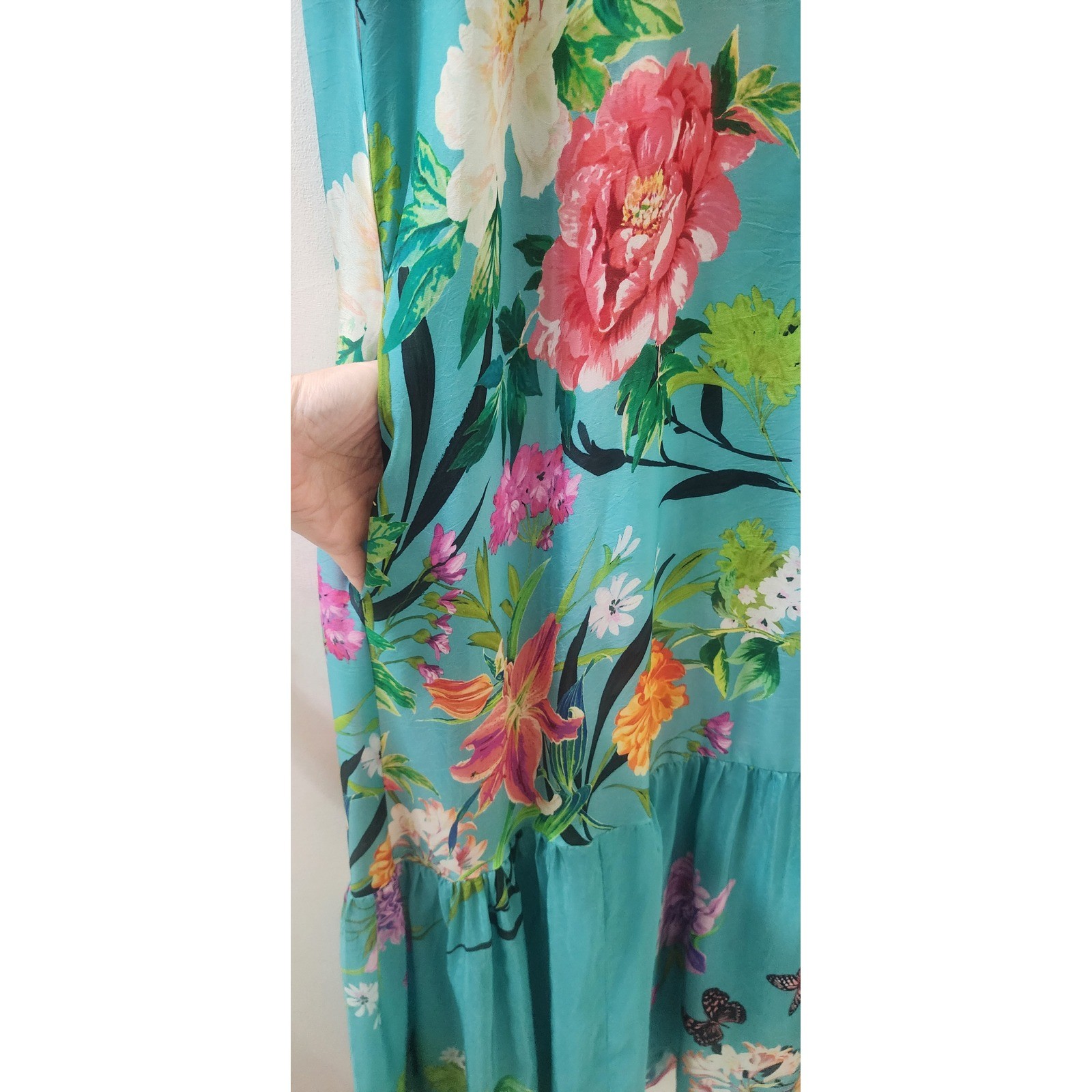 Johnny Was Turquoise Floral Butterfly Cupra Rayon Maxi Dress XL C31222A-4 Boho