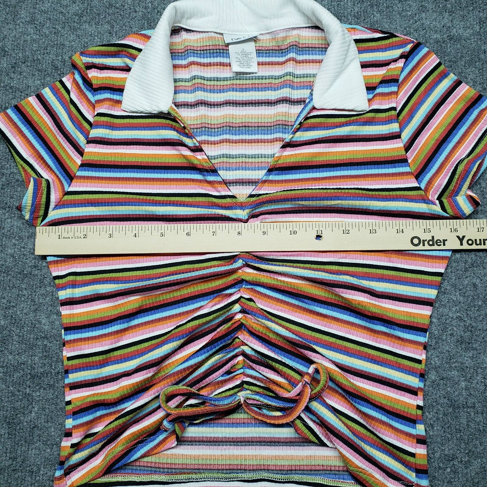 Rue21 Crop Top Womens L Multicolor Striped Short Sleeve V-Neck Ruched Tie New