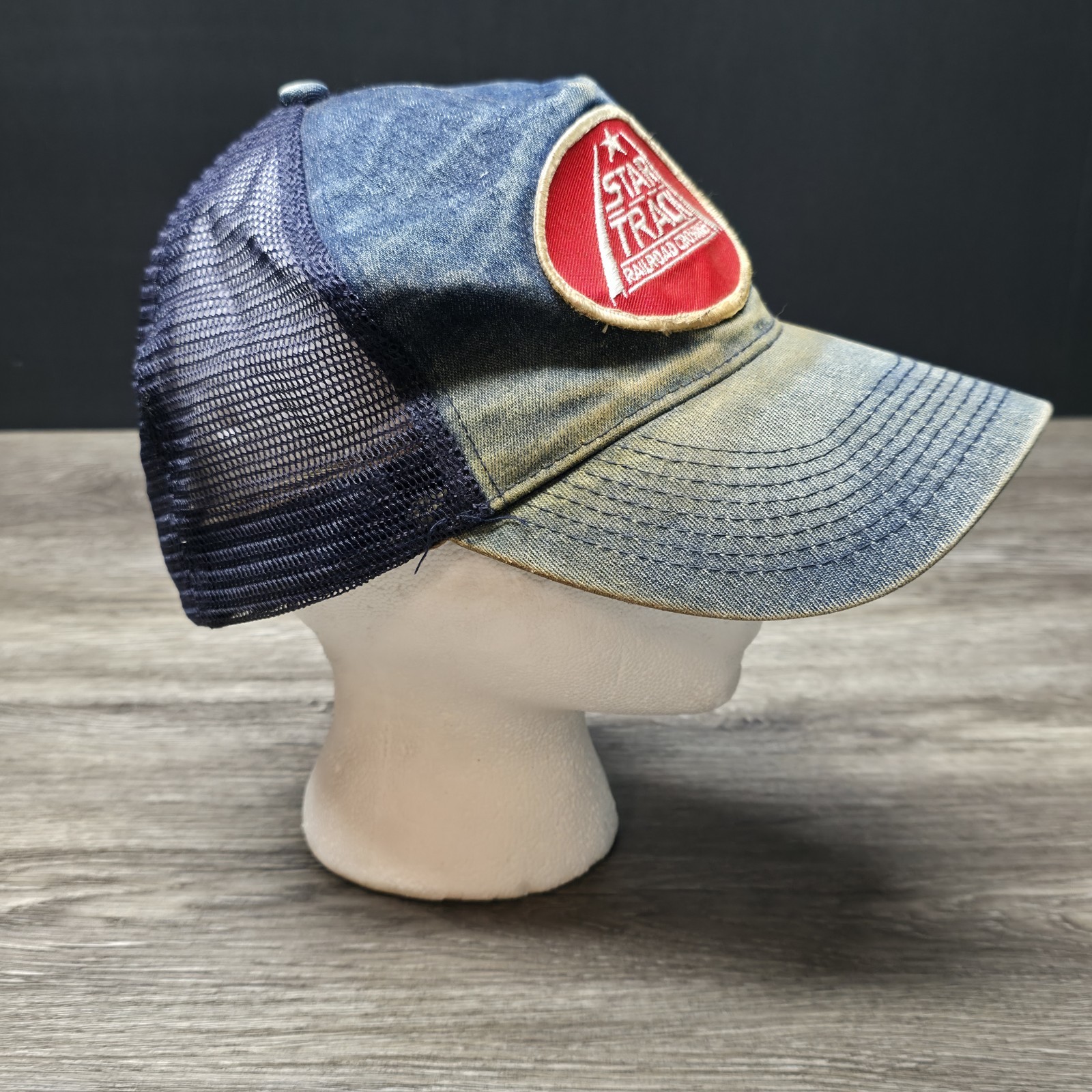 Vintage Star Track Train Railroad Crossing Denim Hat – Right Of His Head