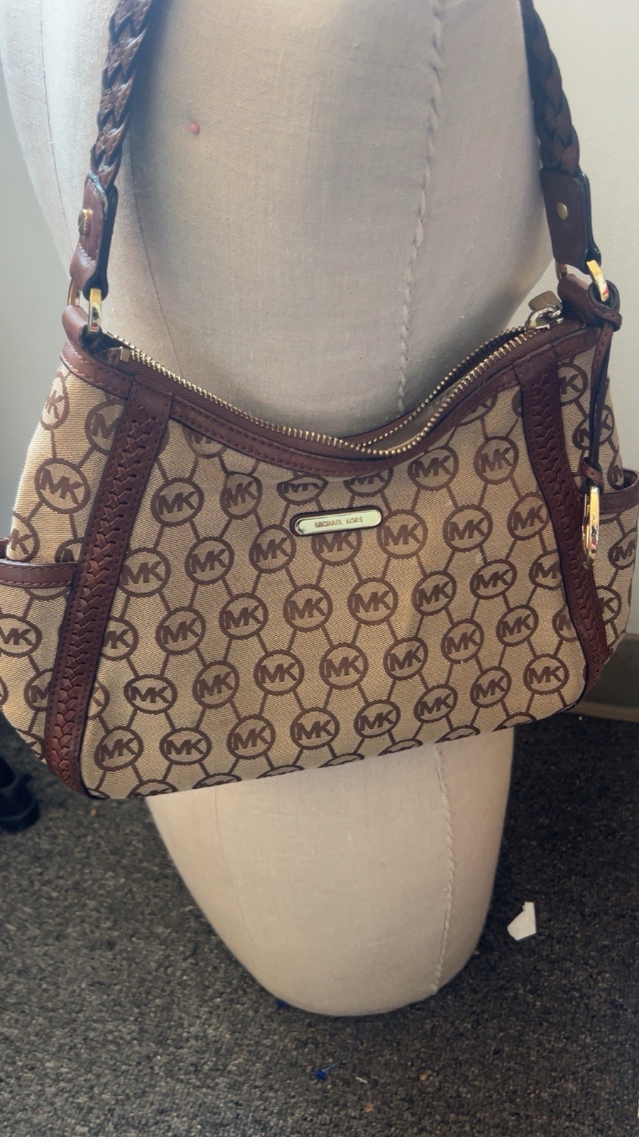 Michael Kors Logo Shoulder Bag Zip Closure Brown/Beige w/ Bag Charm