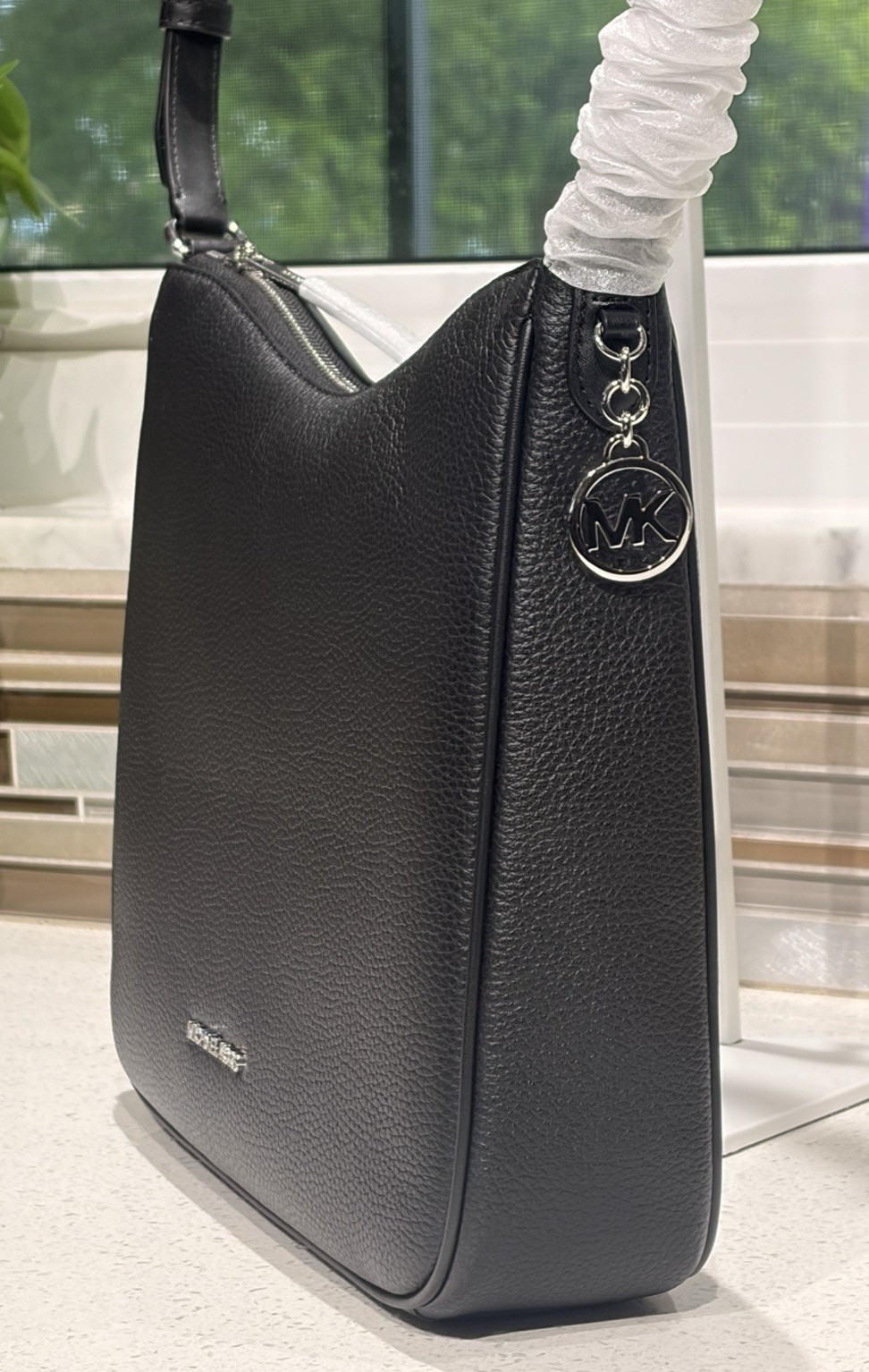MICHAEL KORS NAYLA MEDIUM ZIP MESSENGER CROSSBODY BAG SHOULDER MK BLACK SILVER
