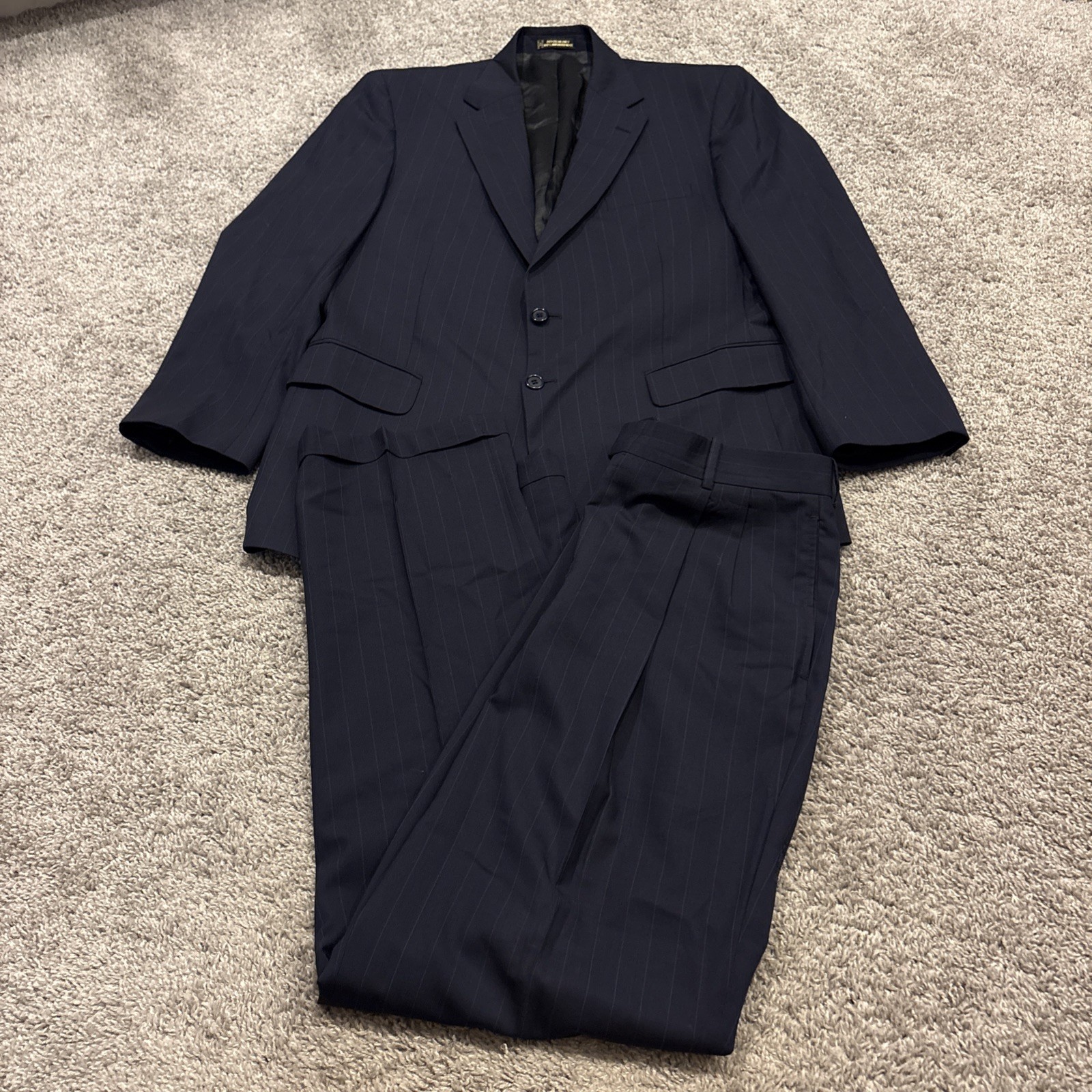 Tom James Mens 42R Pinstripe 2 Piece Suit Blue Corporate Image Pleated 36×32