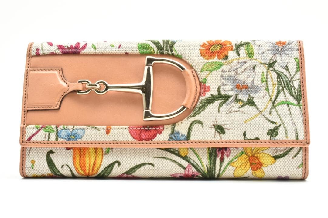Gucci Horsebit Flora Leather Long Wallet Floral Size 7.48in Made in Italy