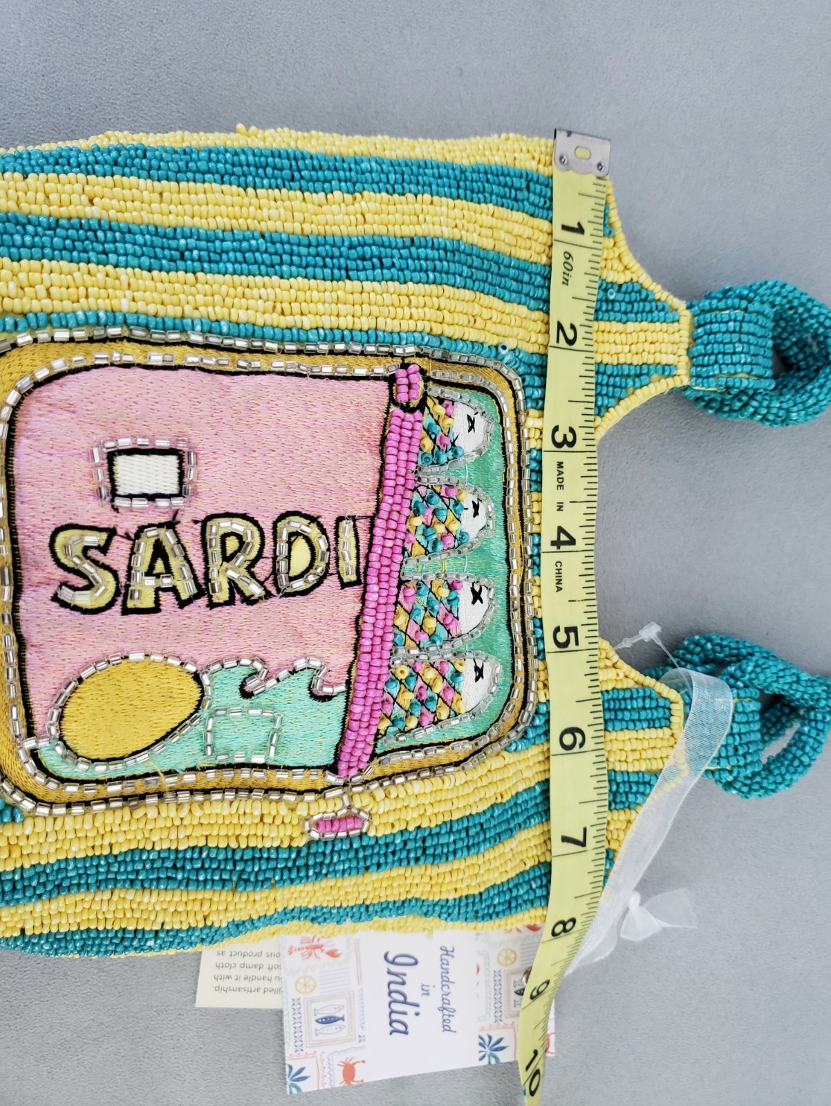 Sardines In A Can Beaded Bag Striped Yellow Teal Pink Fish Handcrafted in India