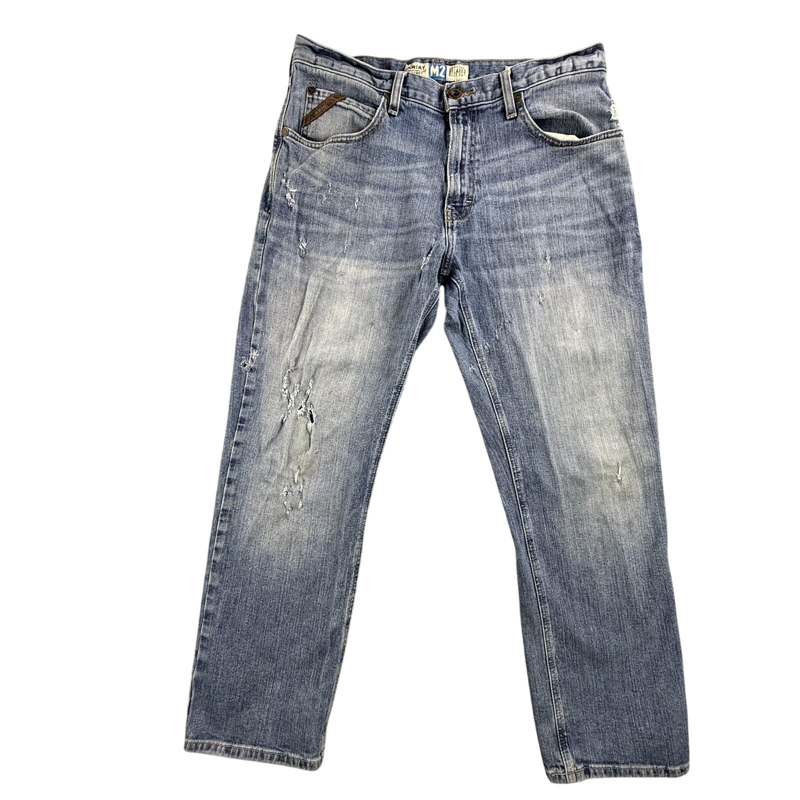 Ariat M2 Legacy Jeans Mens 33×30 Blue Denim Relaxed Bootcut Stretch Distressed