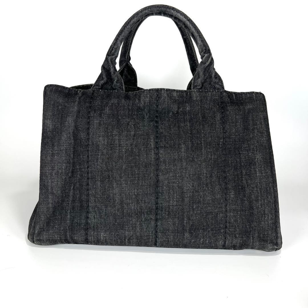 PRADA Canapa Canvas Tote Bag Gray Black Denim 2Way Shoulder Large Capacity