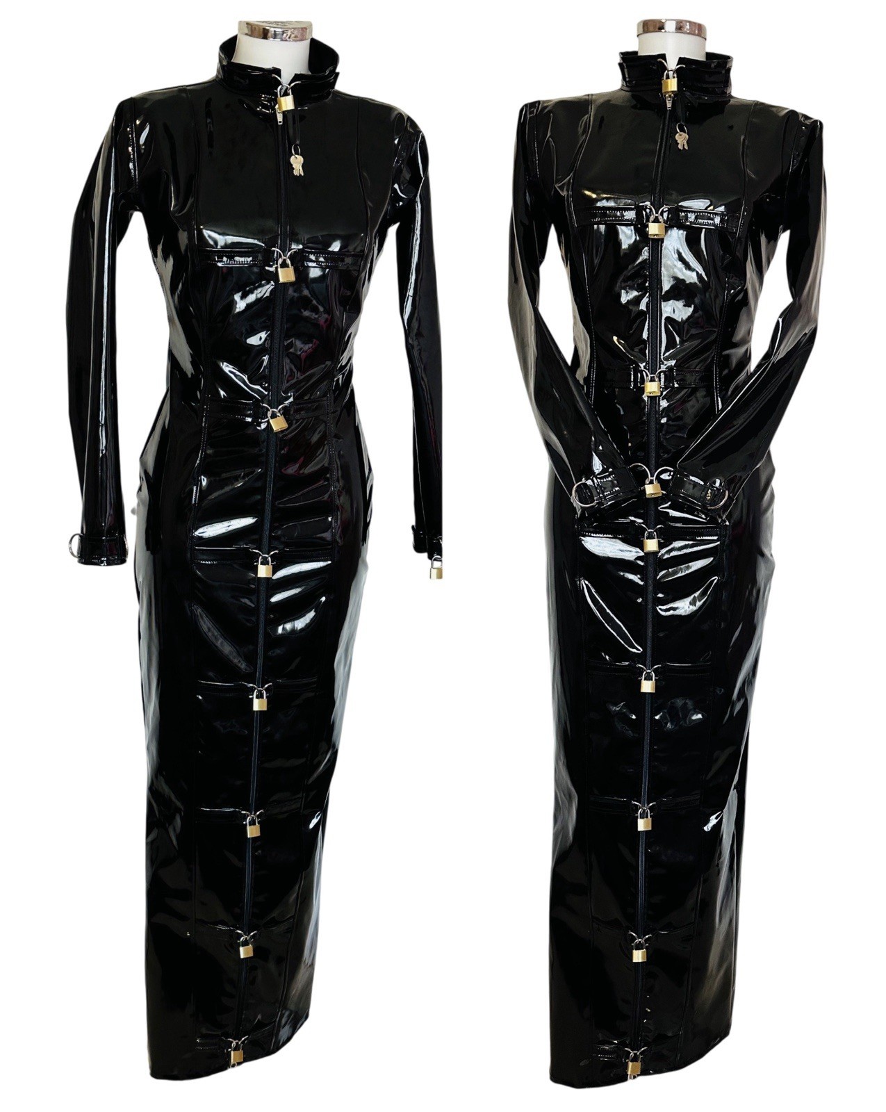 Misfitz blk PVC padlock hobble dress, lockable cuffs. Two way zip. SIZE 24. CD