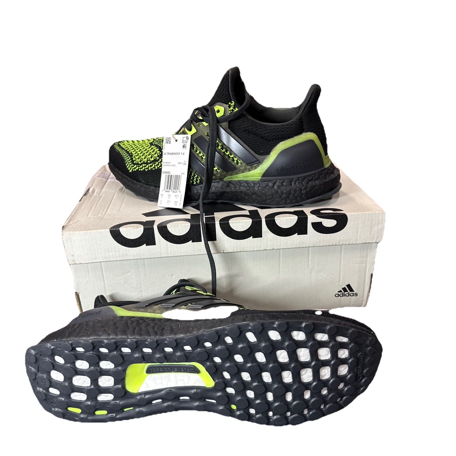 Size 9- adidas UltraBoost 1.0 Black Lucid Lemon Glow In The Dark Heal