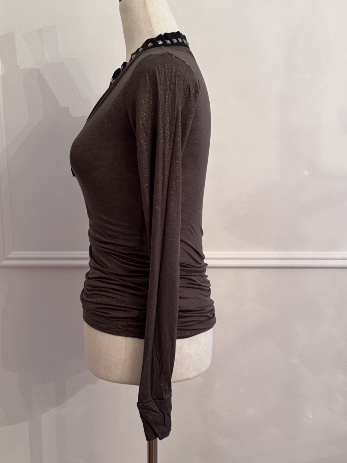 Thomas Wylde Studded V-Neck Draped Top XS Dark Brown