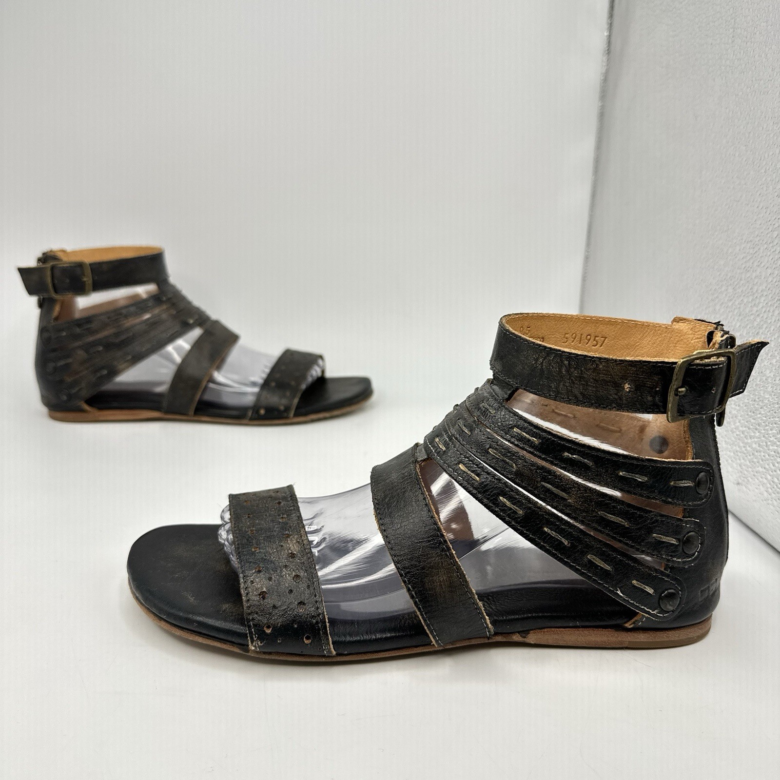 BED STU-Artemis Gladiator Sandals Black Hand Wash Leather Zip Women Size 9.5