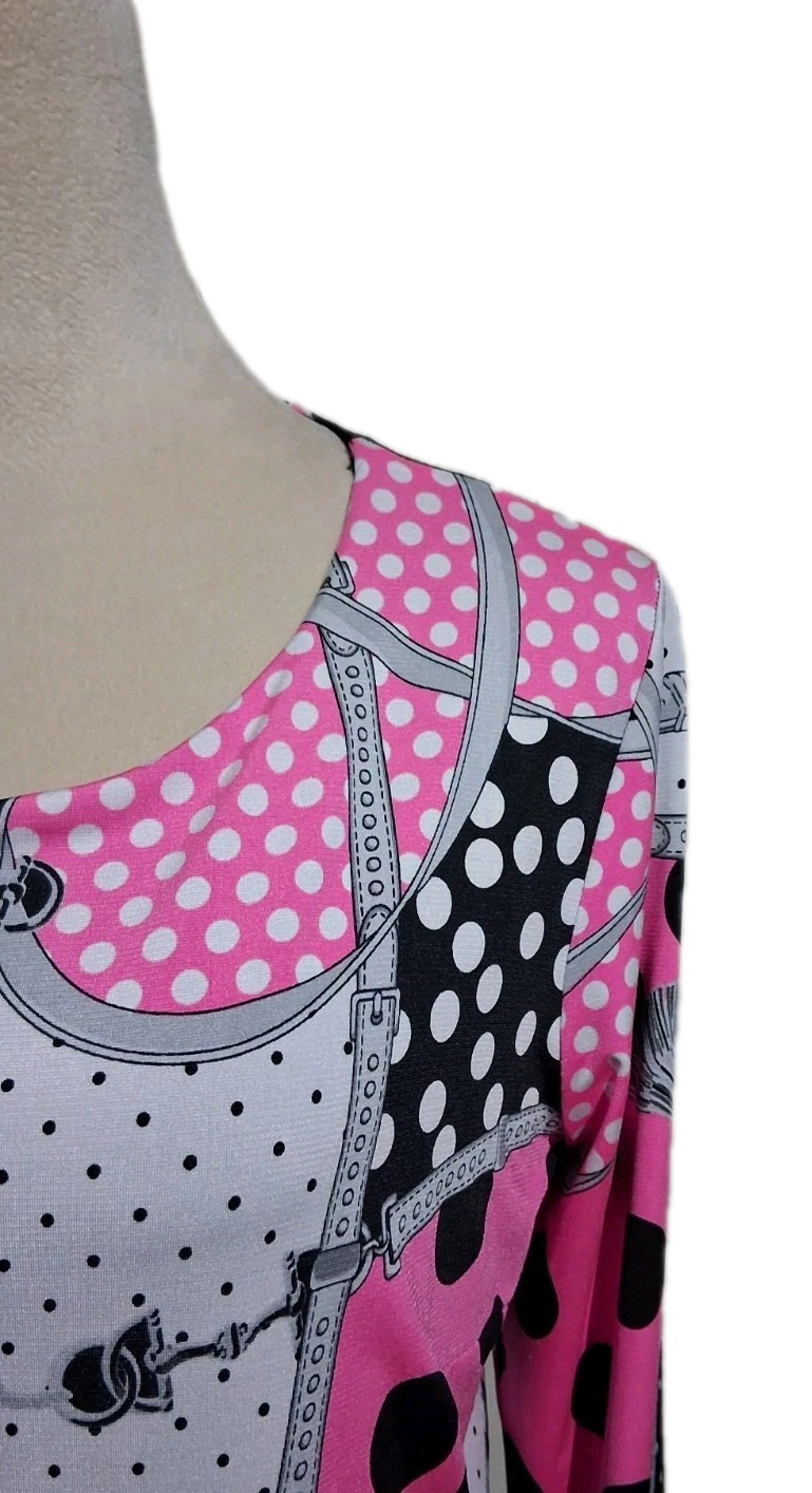 Nygard Layered Tunic Stretch Top Pink Black White Mixed Print 3/4 Sleeve Small