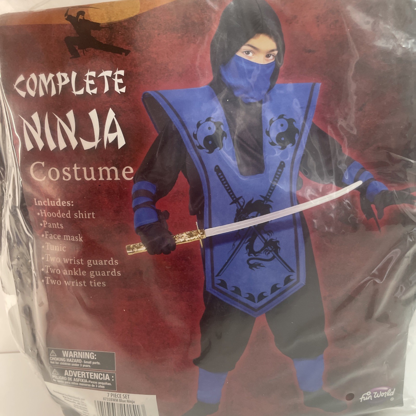 Complete Ninja Costume Boys Size XL (14-16) Blue Black Halloween 7 Piece