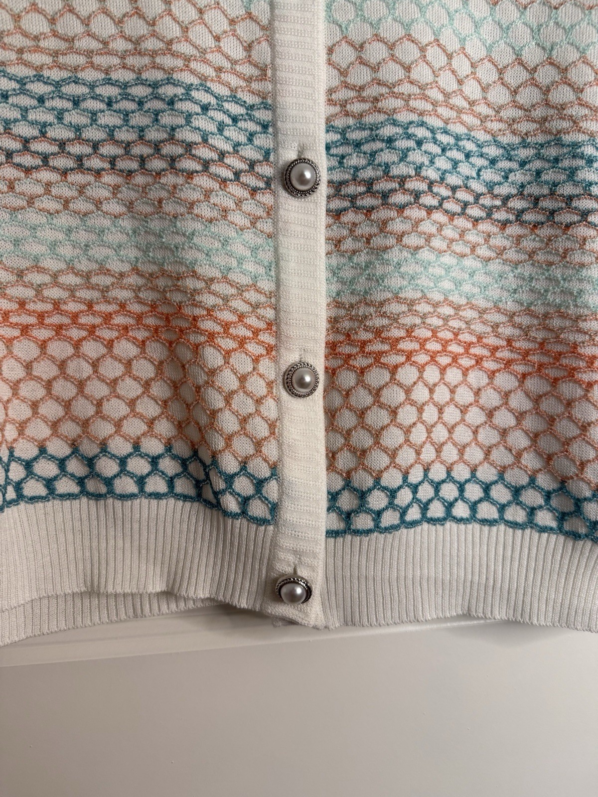 Ming Wang Women’s L Open Knit Collared Cardigan Sweater Pearl Button Multicolor