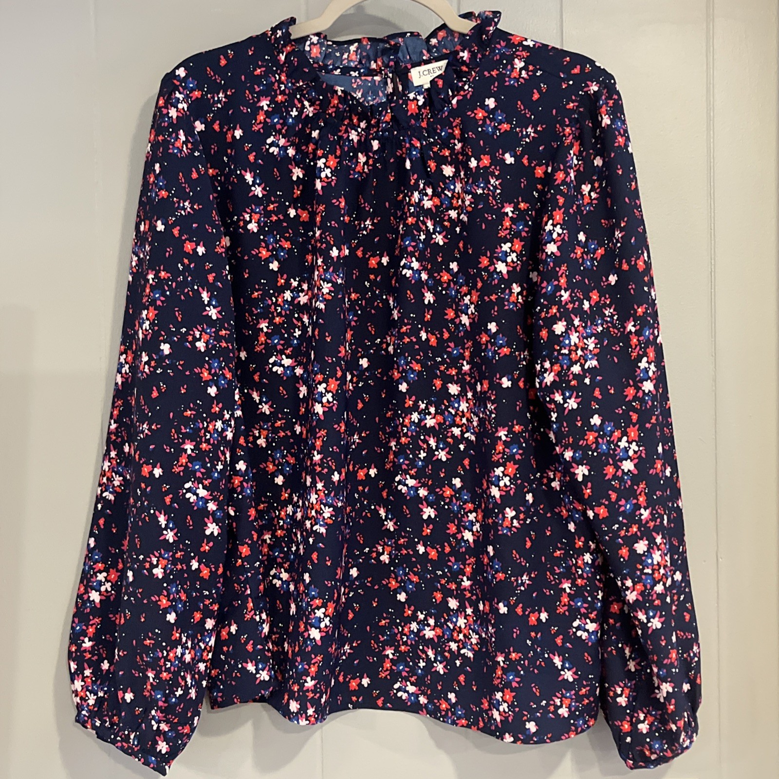 J Crew XXL Blue Floral High Ruffle Neck Long sleeve Blouse Top Shirt Women’s