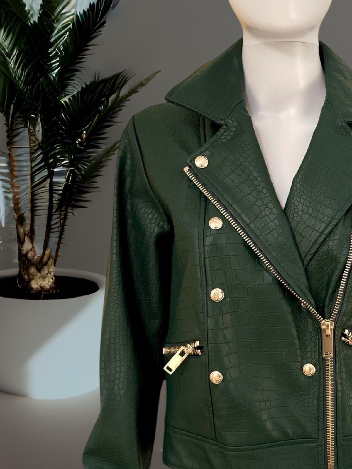 Catherine Malandrino Women’s Green Croc Animal Print Biker Jacket Zip Pockets S