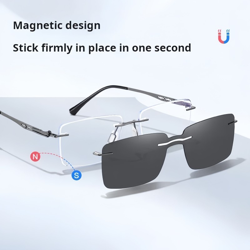 Rimless Polarized Sunglasses Magnet Clip-on Eyewear Fashion Metal Frame Glasses