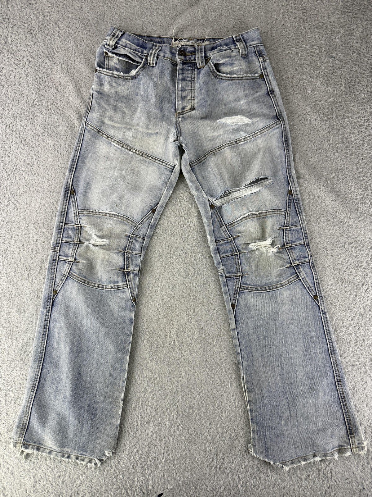 Fishbone Jeans Mens 32 Blue Distressed Moto Biker Straight Leg Button Fly