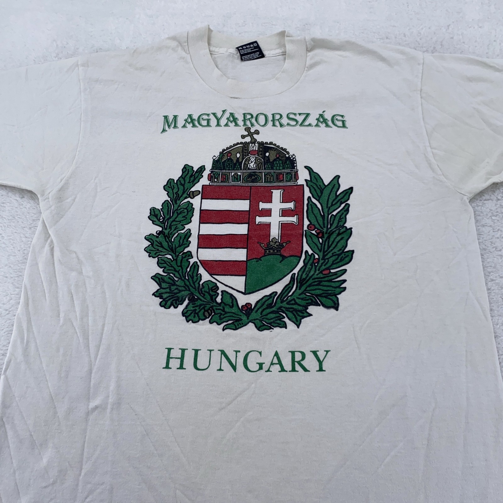 Vintage Hungary Magyarorszag Shirt Mens Large White Coat of Arms Crest 90s USA