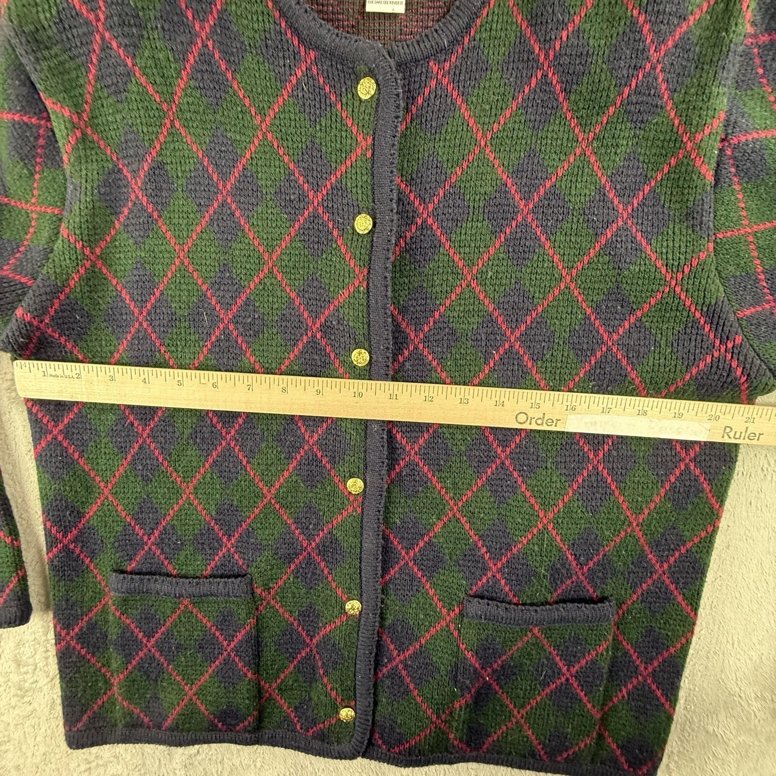 Vintage Crystal Kobe Cardigan Sweater Womens Medium Argyle Pockets Preppy 90s