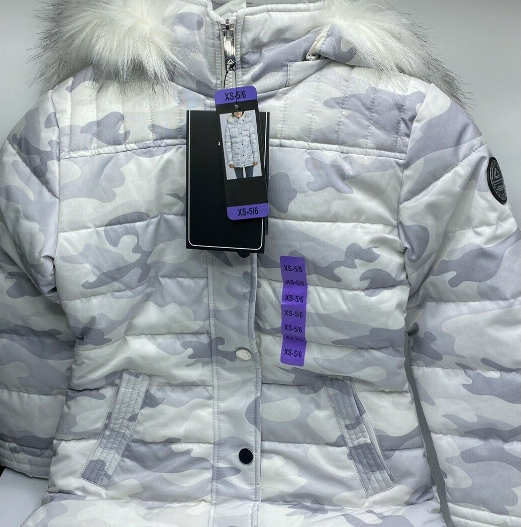 Girls Size XS(5/6) HFX Parka Winter Jacket White With Gray Camo Water Resistant