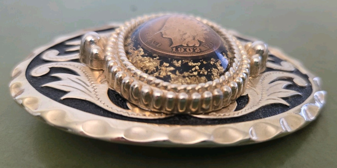 Gold Flakes & 1902 US Indian Head Penny Ornate Oval Belt Buckle Black