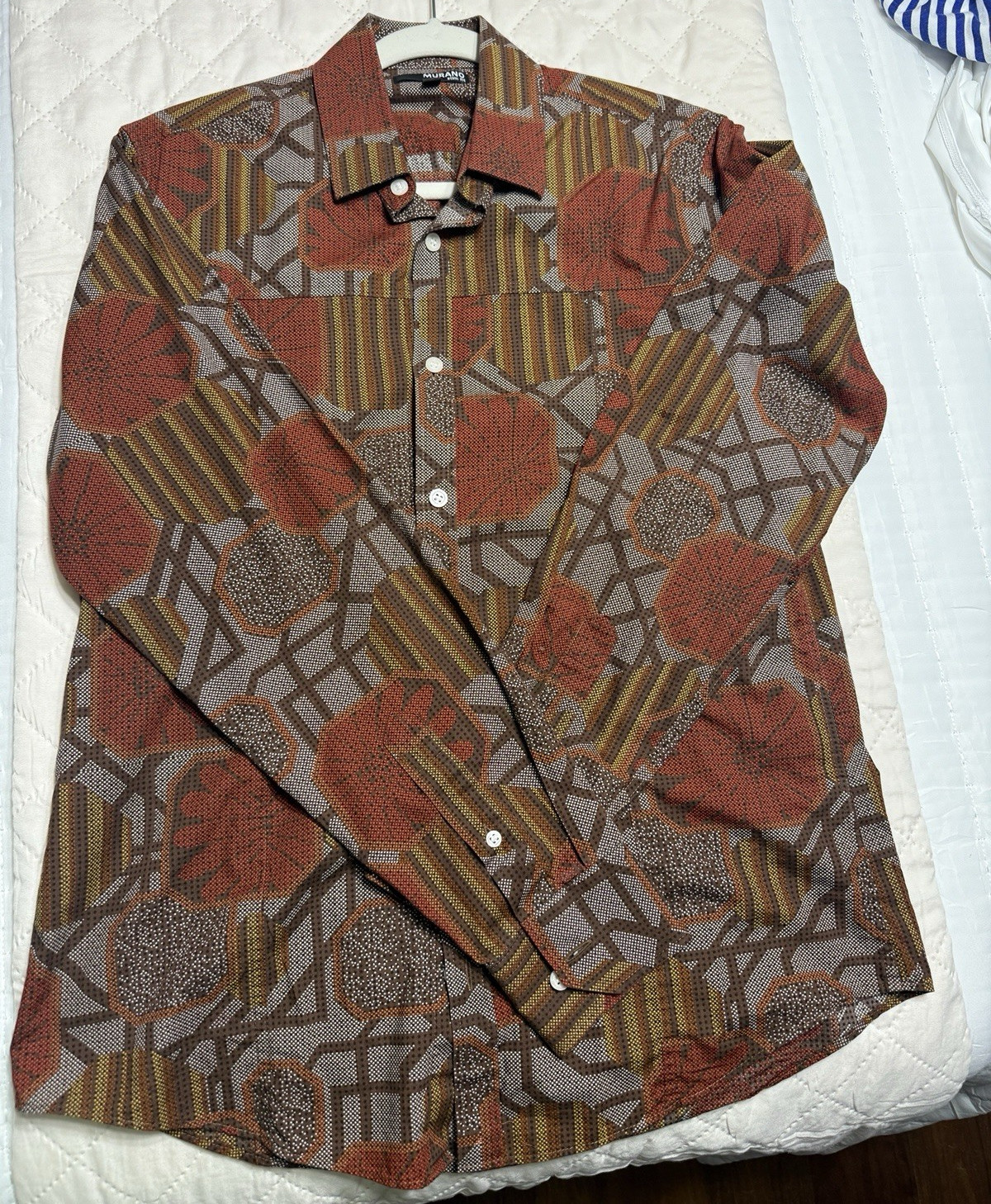 Murano Men’s medium Long Sleeve Point Collar Geometric Shirt Brown/Rust M