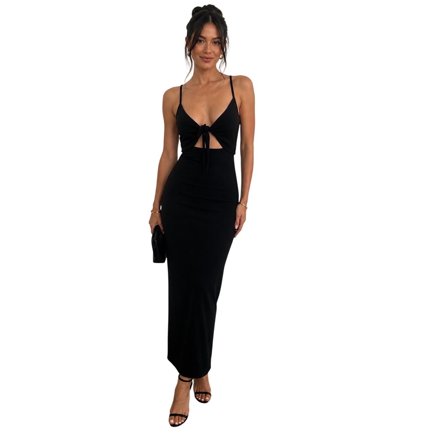 Lyaner Womens Black Ribbed Tie Front Cutout Maxi Dress Size S Adjustable Straps