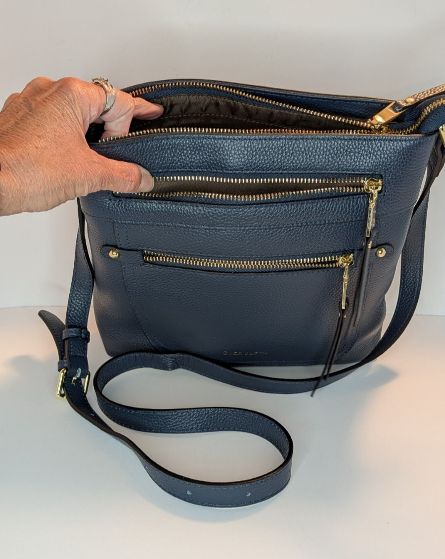 Over Earth Navy Blue Pebbled Leather Crossbody Bag Multi-Pocket Classic Everyday