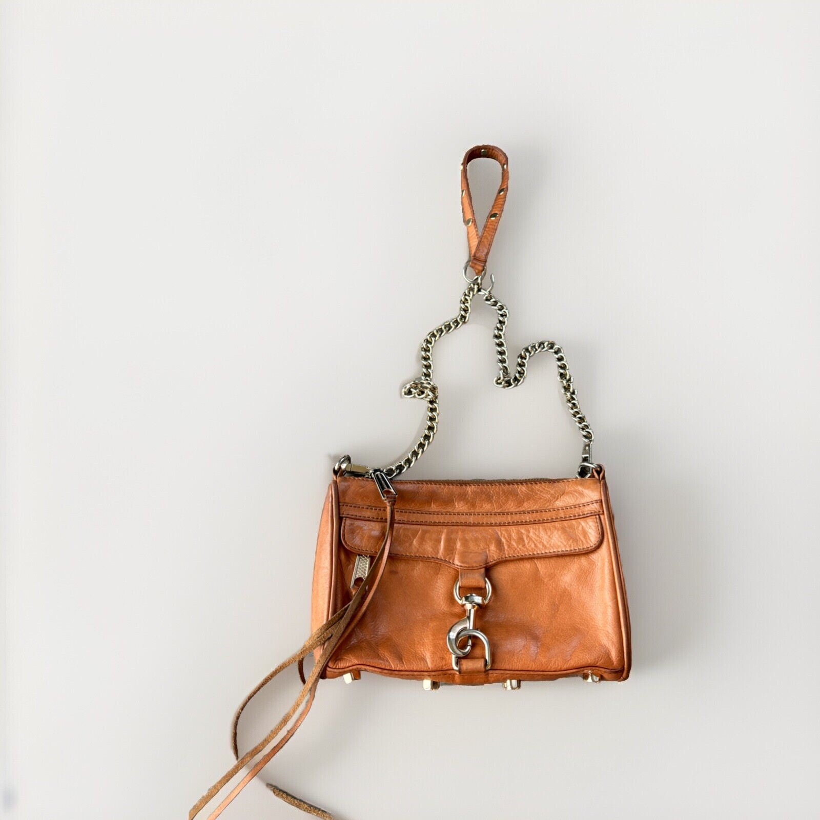 Rebecca Minkoff Mini Mac Brown Leather Crossbody Purse Bag Moto Gold Boho Chain