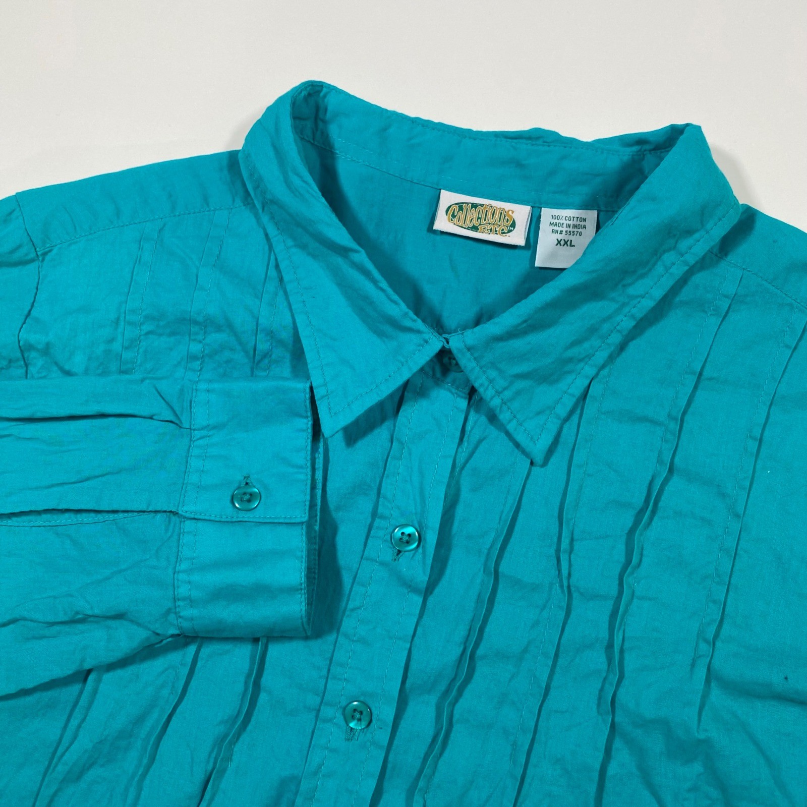 Collections Etc Teal Pleated Long Sleeve Button Up Shirt Top XXL Cotton