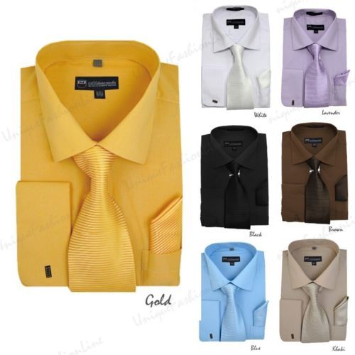 New Men’s French Cuff Dress Shirt + Tie + Handkerchief Set Spread Collar SG27