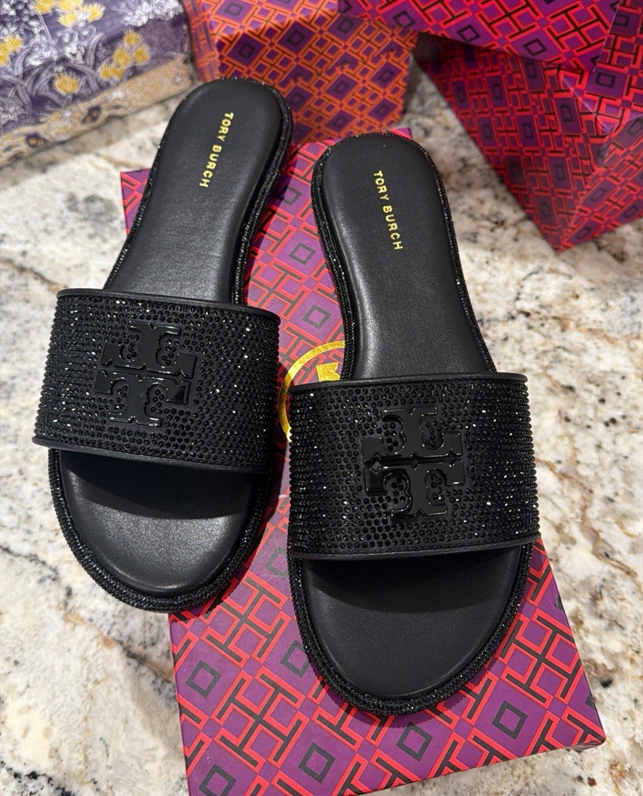Tory Burch Black Womens Leather Slide Sandals Logo Rhinestone Accents Sz 8