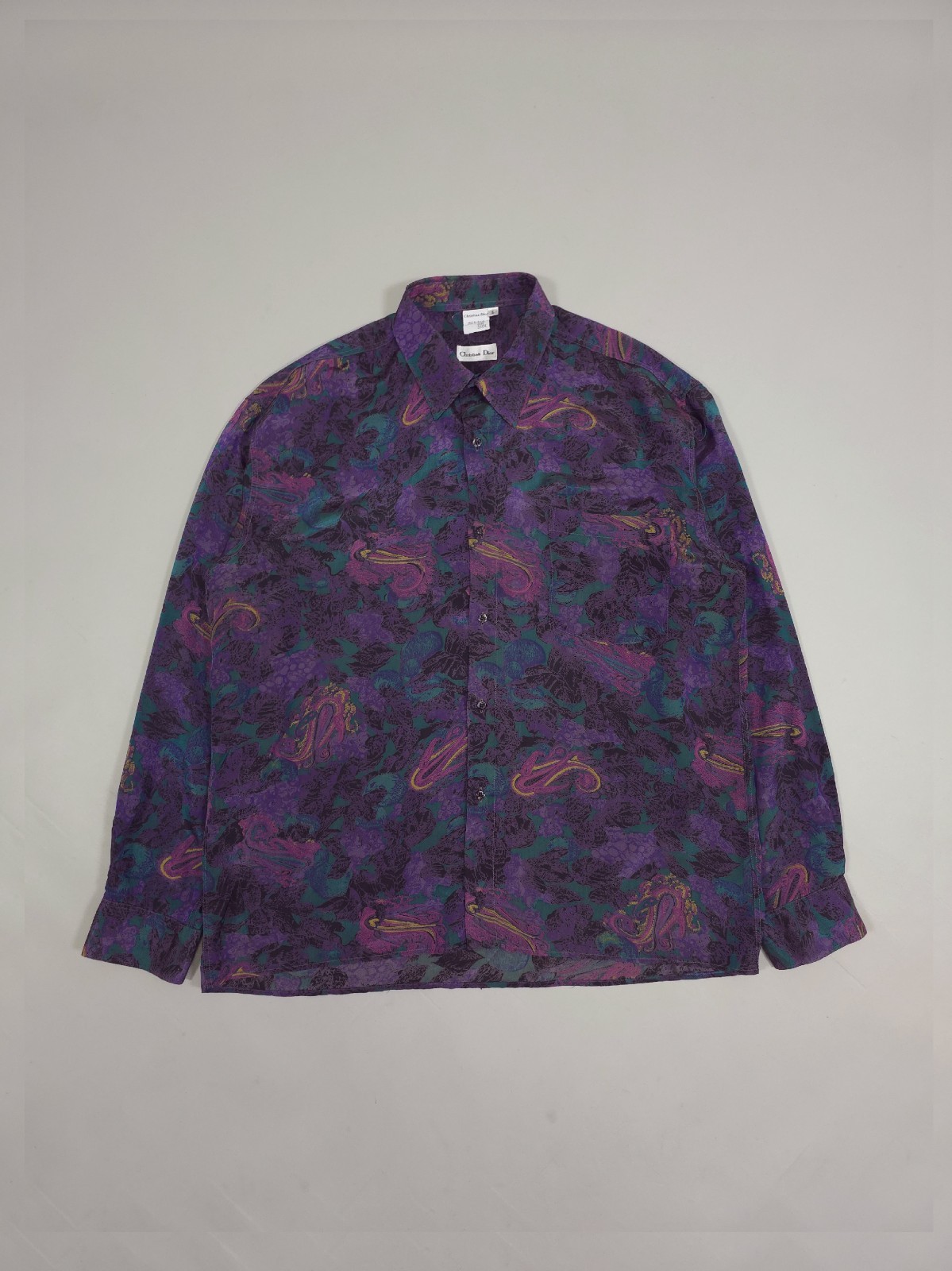 90s Christian Dior Silk Paisley Shirt – Purple/Teal Abstract Pattern Fits L-XXL