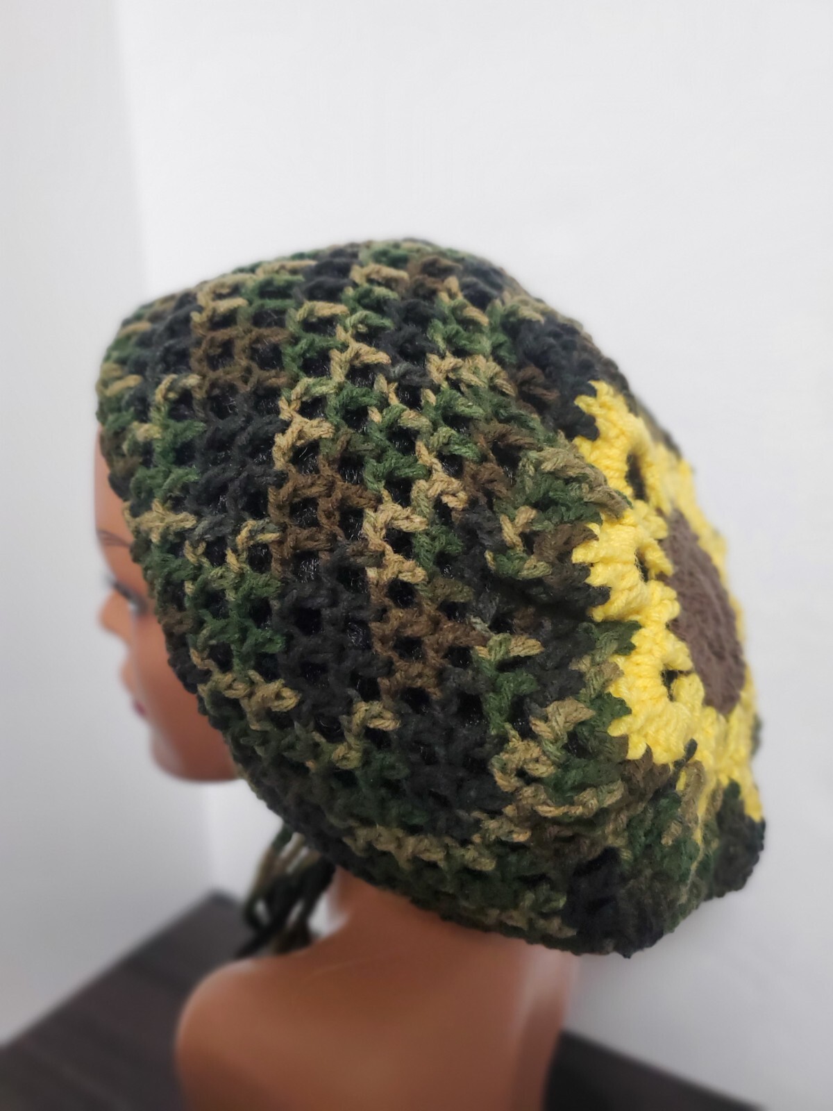Camouflage Crochet Flower Tam Slouch Hat With Drawstring Handmade One Size