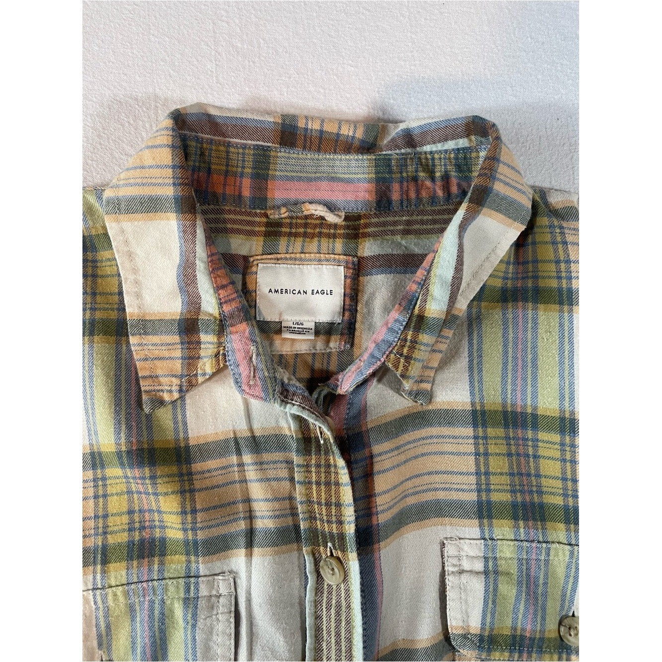American Eagle Oversized Plaid Button-Up Shirt in Cream, Olive & Pink