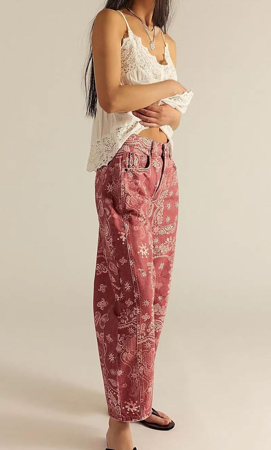 Loveimgs Women Boyfriend Baggy Barrel Jeans Floral Print Denim Ankle Pants SMALL