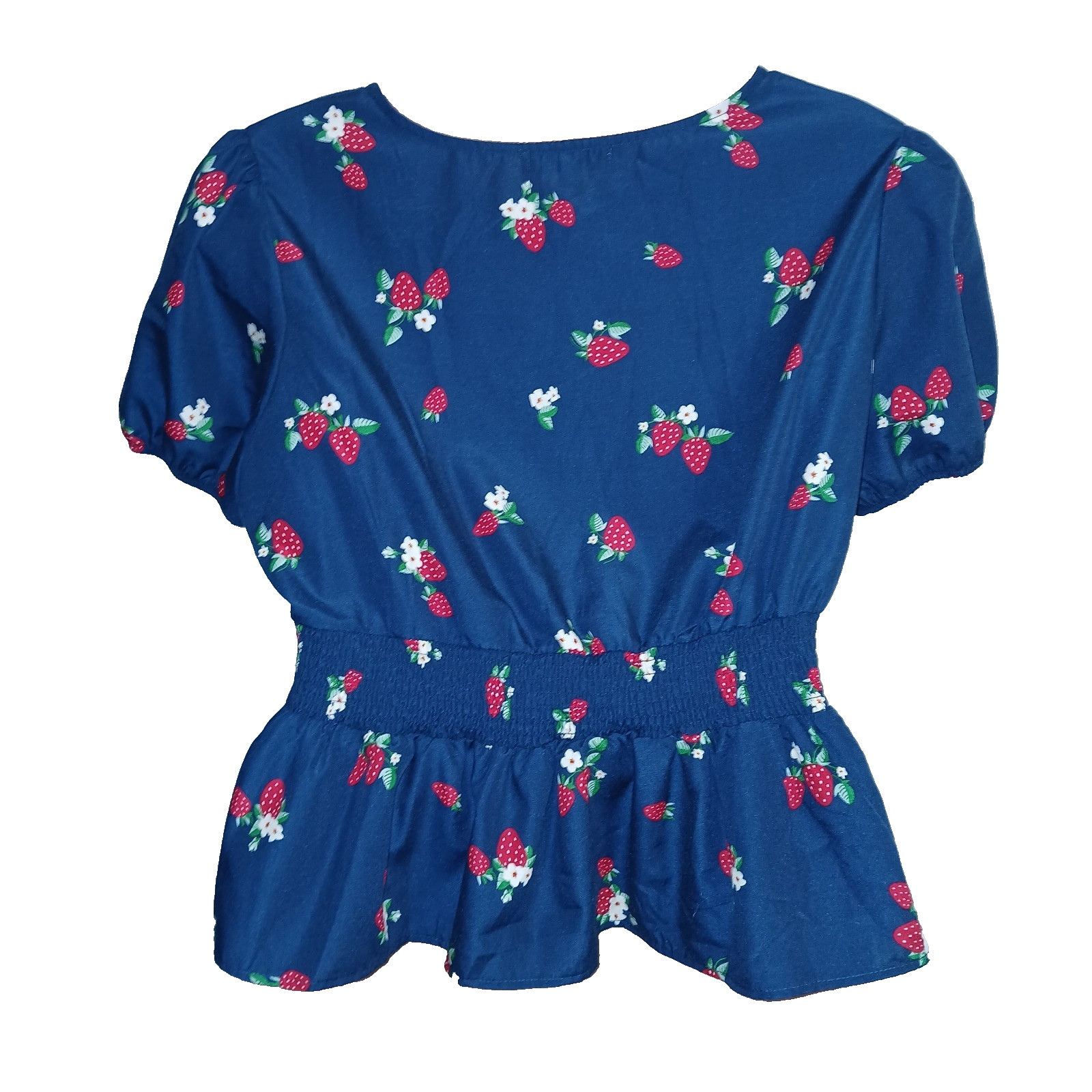 Hesperus Women Strawberry Peplum Top 3X Blue Fruit Floral Smocking Cottagecore