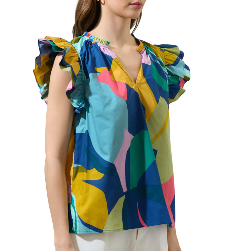 SUGARLIPS SUGAR LIPS Gia Abstract Risette Ruffle SPLIT NECK TOP Multi-Color SZ L