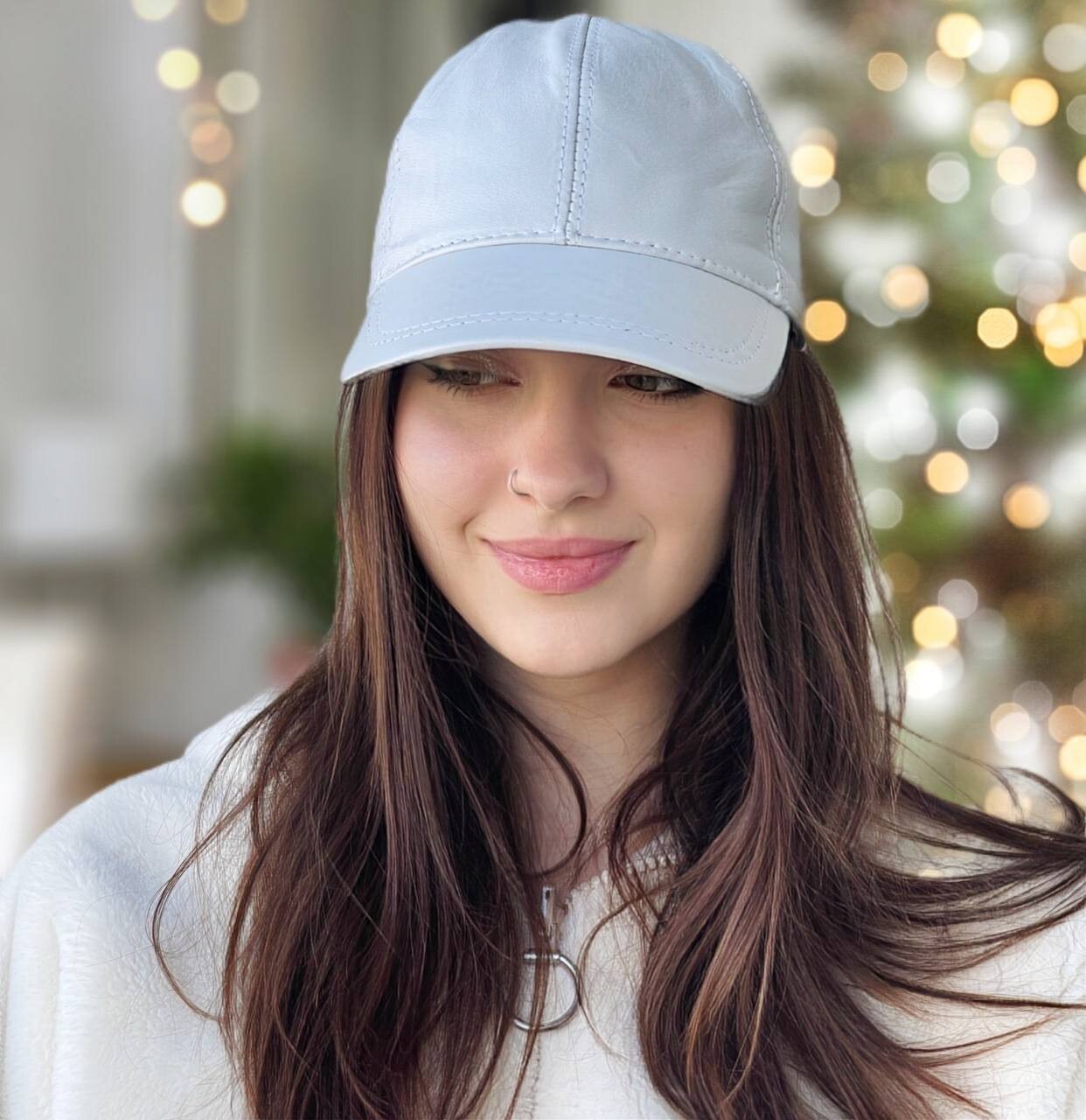 100% Genuine Real Lambskin Leather Baseball Cap Hat White Color