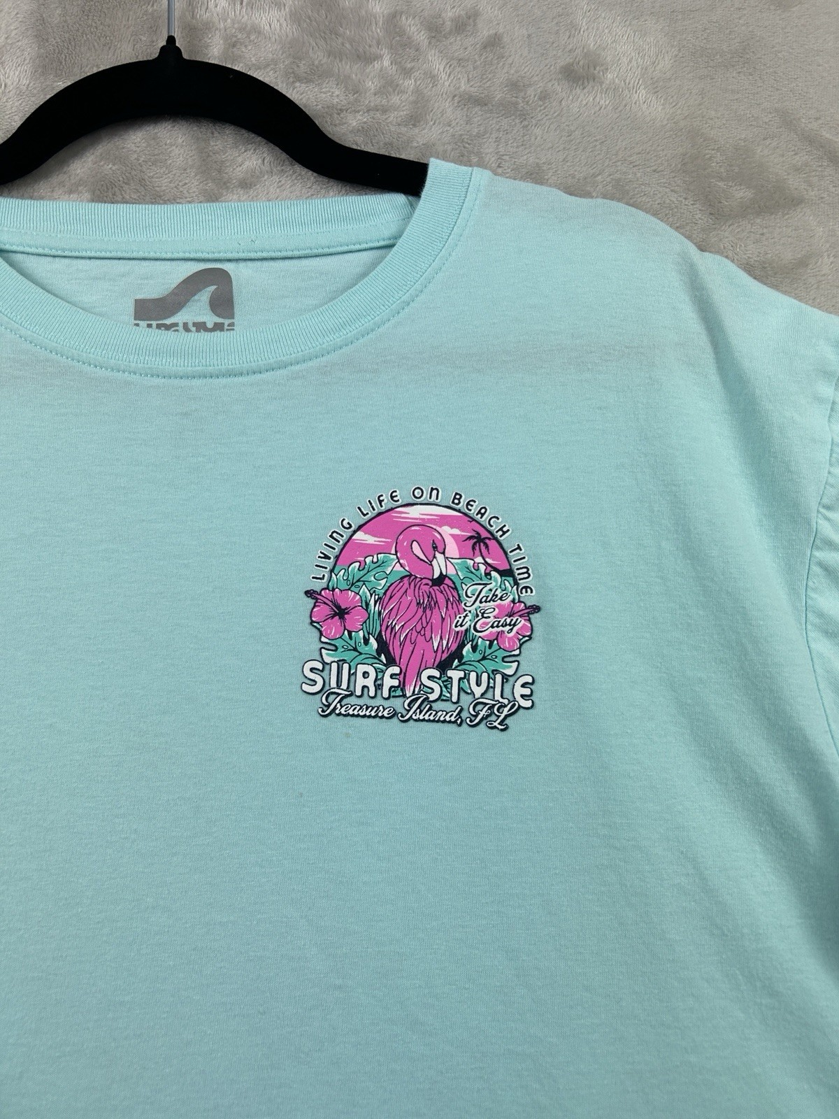 Surf Style T Shirt Treasure Island Florida L Teal “Living Life On Beach Time”