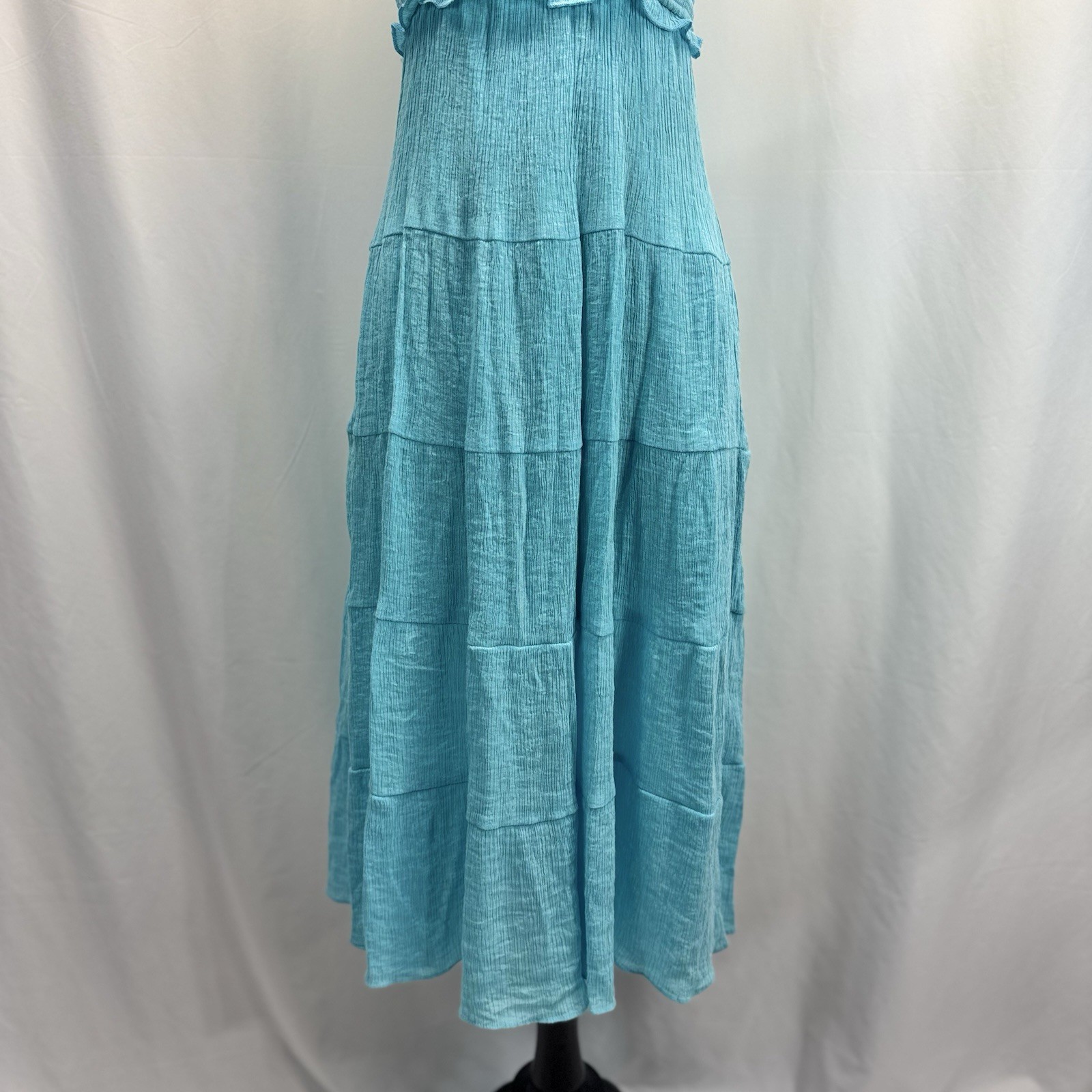Altar’d State Floral Tiered Midi Sun Dress S Blue Green Tie Strap Smocked Bodice