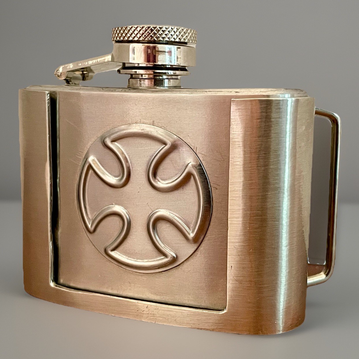 Stainless Steel FLASK 2oz BELT BUCKLE Biker Concerts IRON CROSS Cowboy