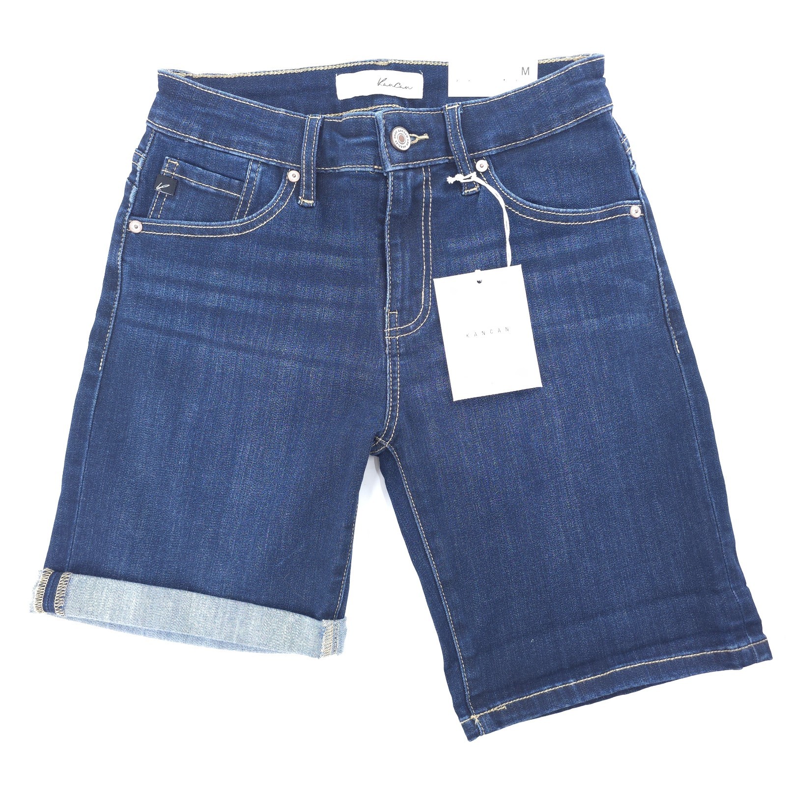 Kancan Shorts M 27 Mid Rise Bermuda Cuffed Blue Dark Wash Stretch 6 Inch Inseam