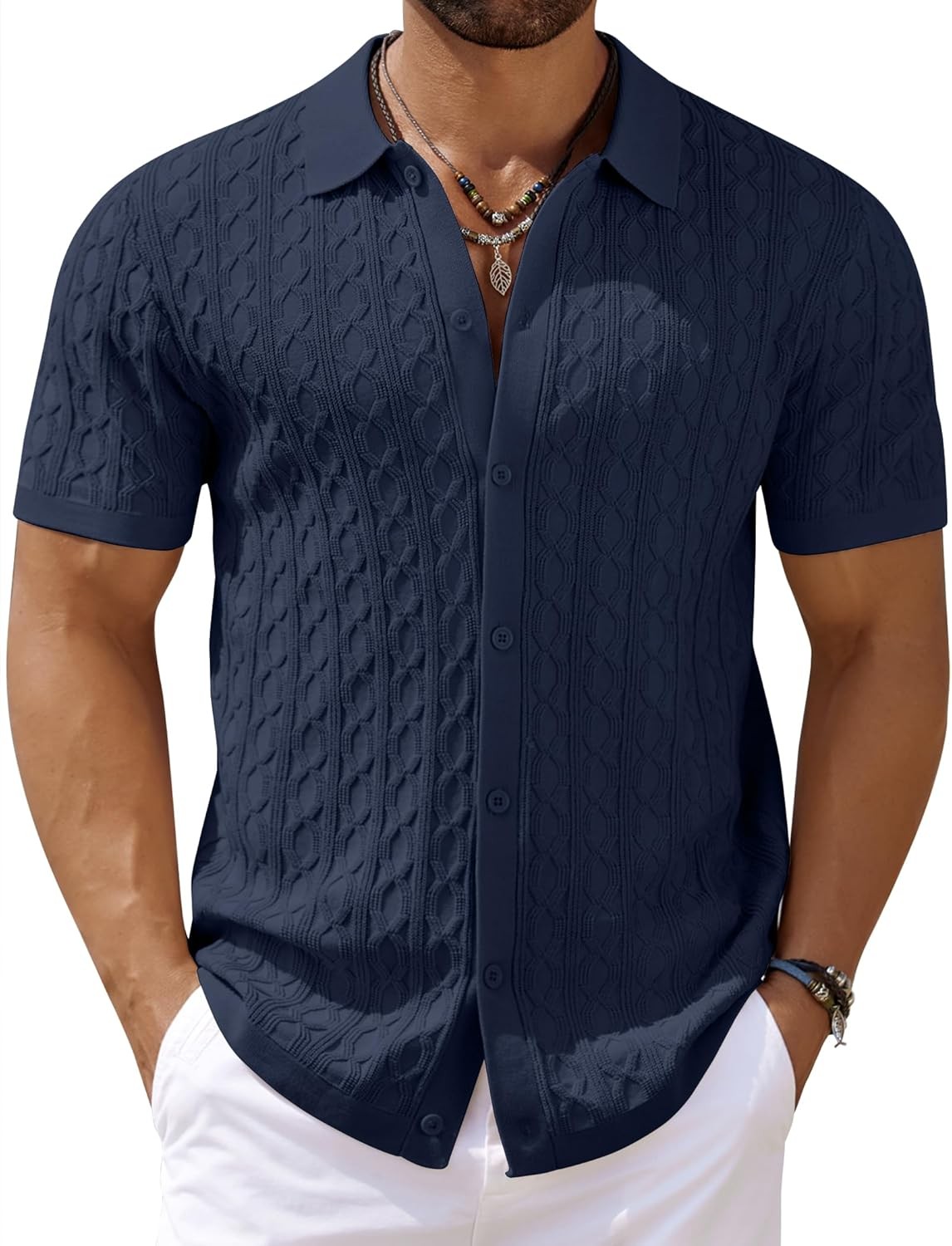 Men’s Knit Short Sleeve Shirts Button Down Vintage Knitted Polo Shirt