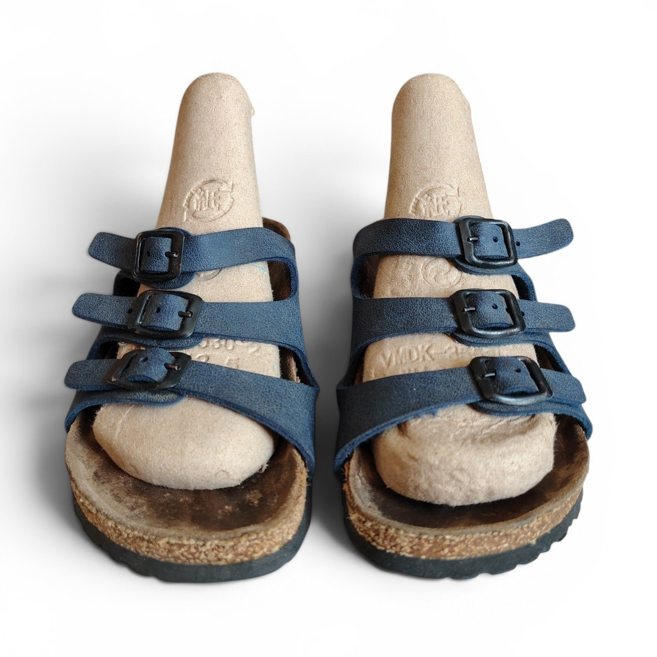 Birkenstock Men’s Blue Leather 3-Buckle Slide Sandals Cork Insole US 6