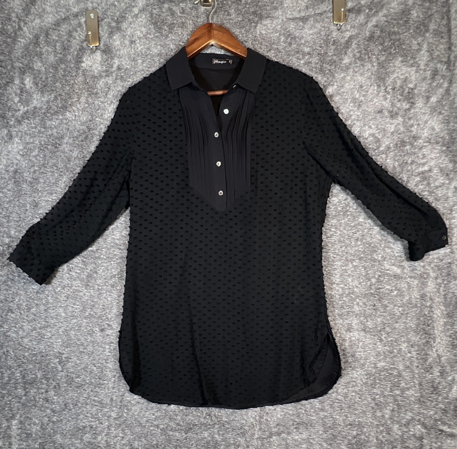 J.McLaughlin Black Polka Dot Silk Cotton Chiffon Sheer 3/4 Sleeve Blouse S